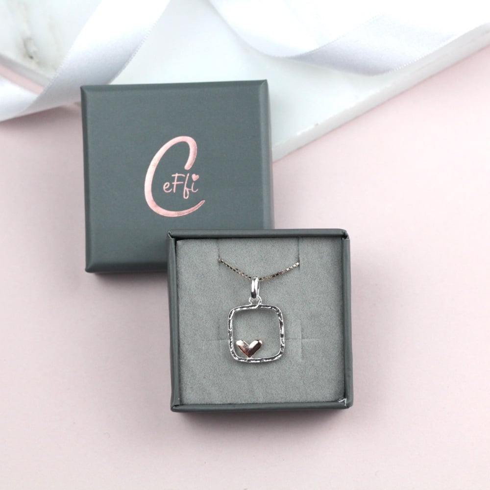 Rose Gold Heart in Square Sterling Silver 925 Necklace