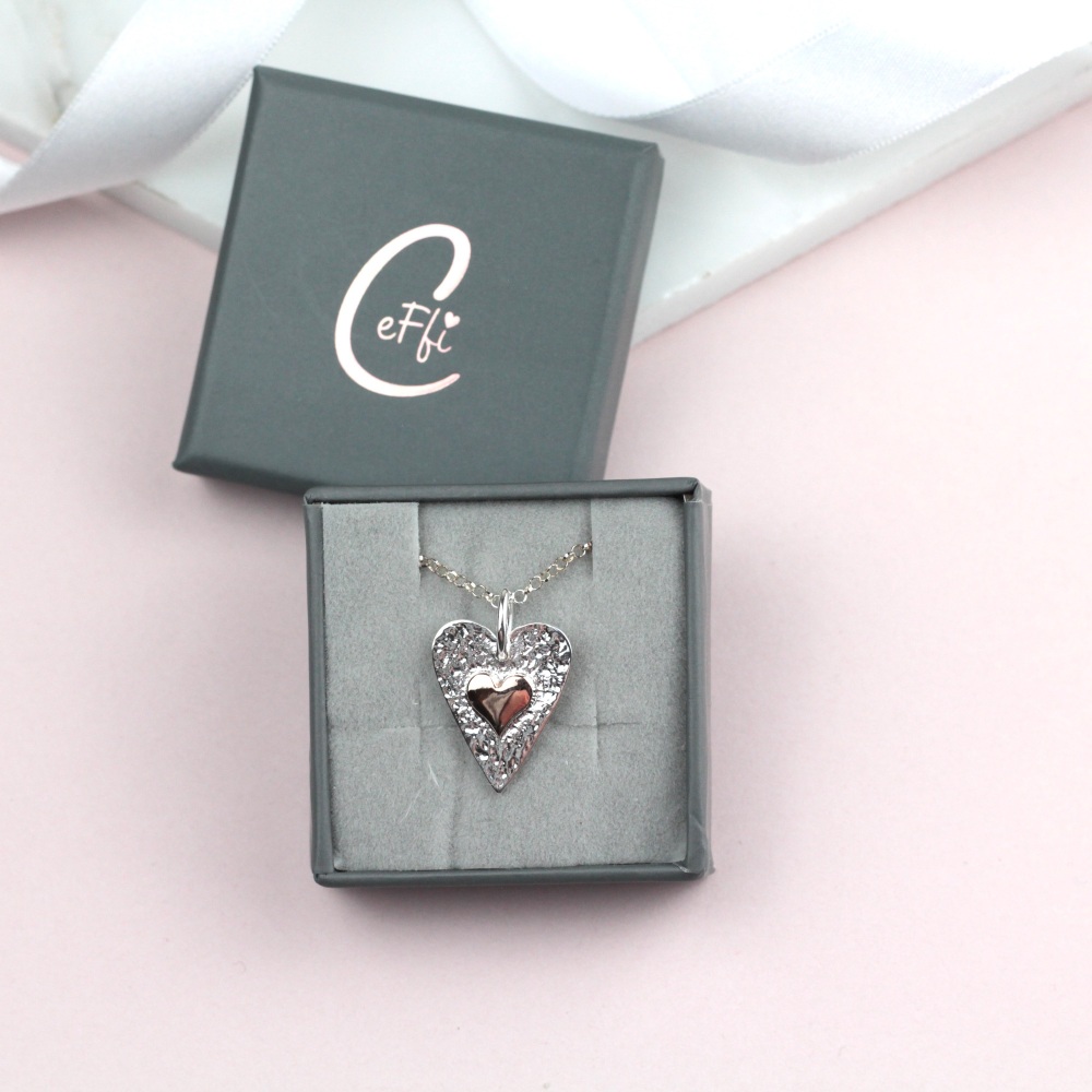 Silver & Rose Gold Heart Hammered Sterling Silver 925 Necklace
