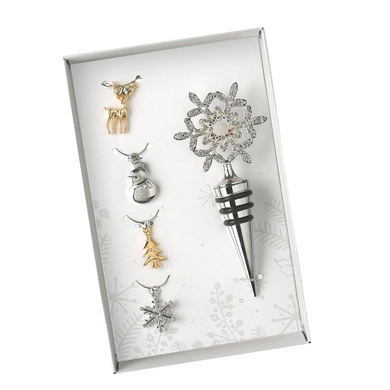 Snowflake Bottle Stopper and Drink Charms Set