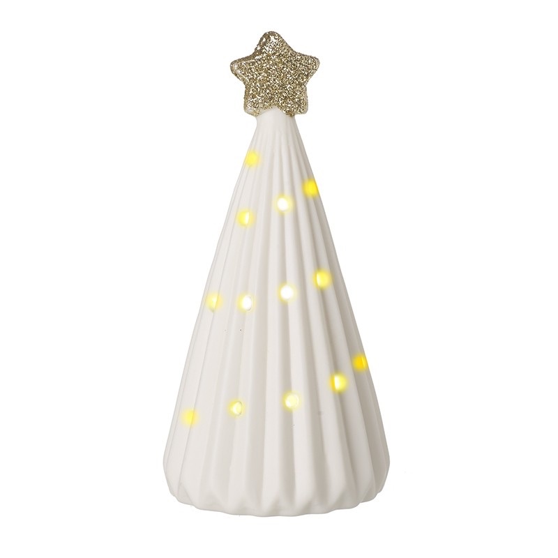Ceramic Ribbed White LED Tree Decoration with Gold Star Small