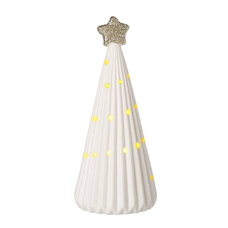 Ceramic Ribbed White LED Tree Decoration with Gold Star Large