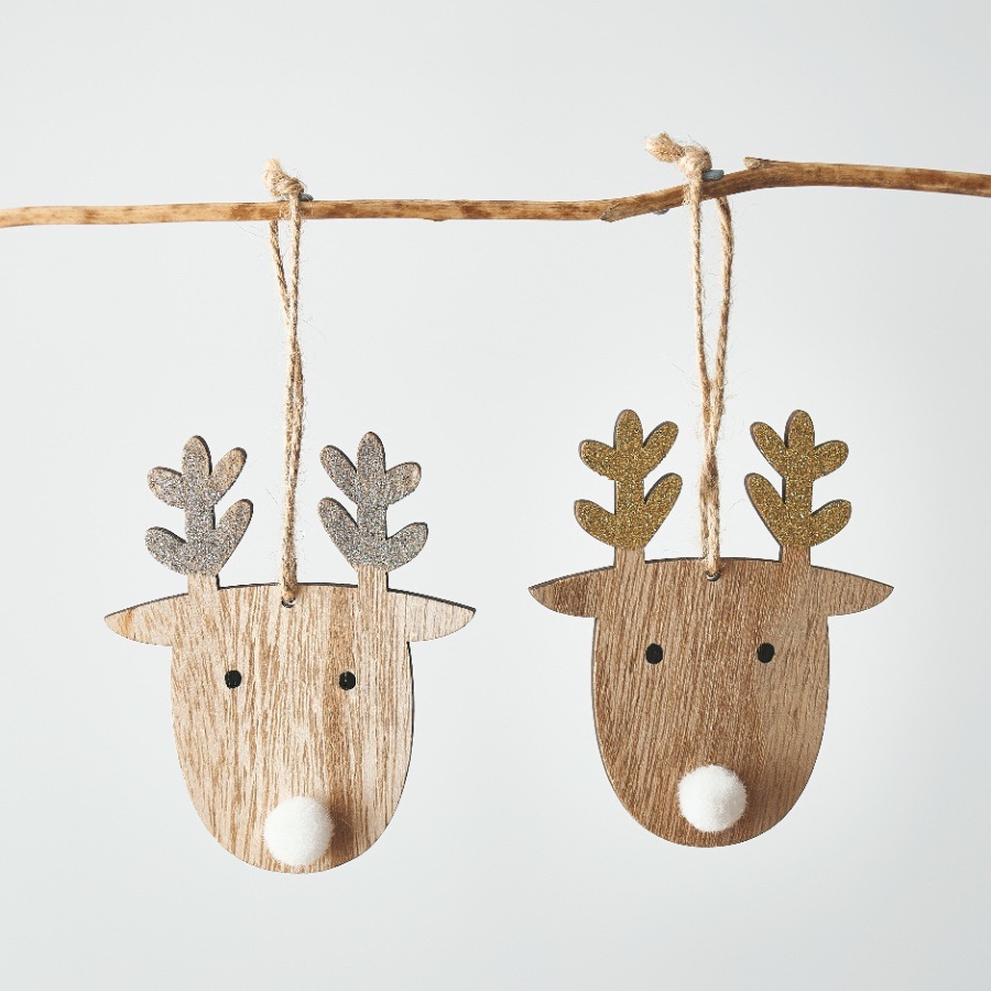 Wooden Pom Pom Nose Reindeer Hanging Wooden Decoration
