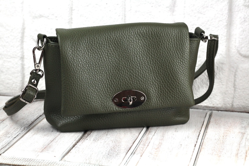 Olive Green Twist Lock Flap Crossbody Bag in Italian Leather