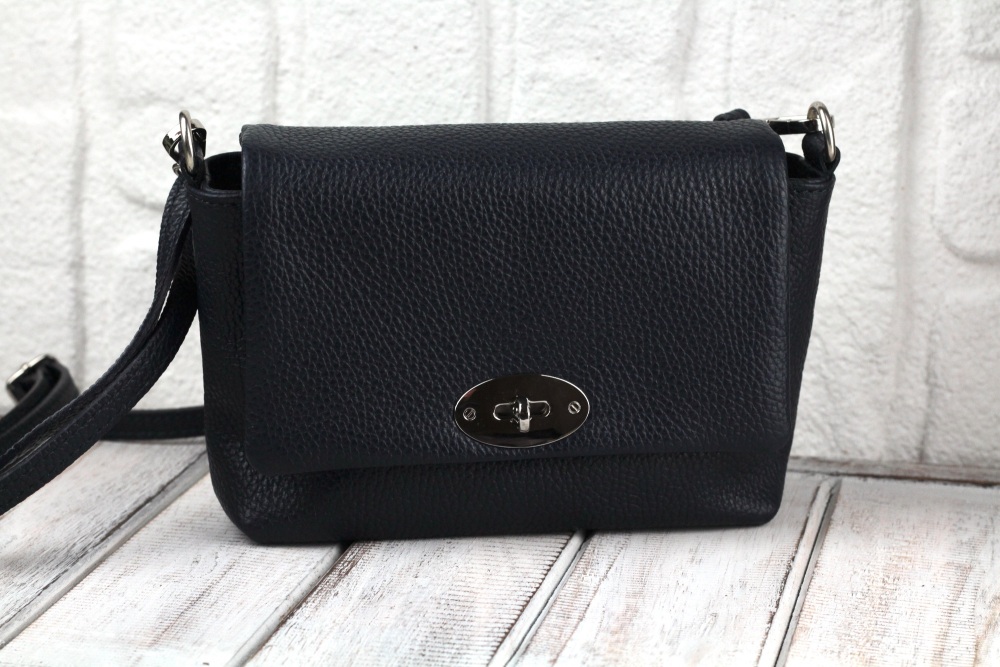 Navy Twist Lock Flap Crossbody Bag in Italian Leather