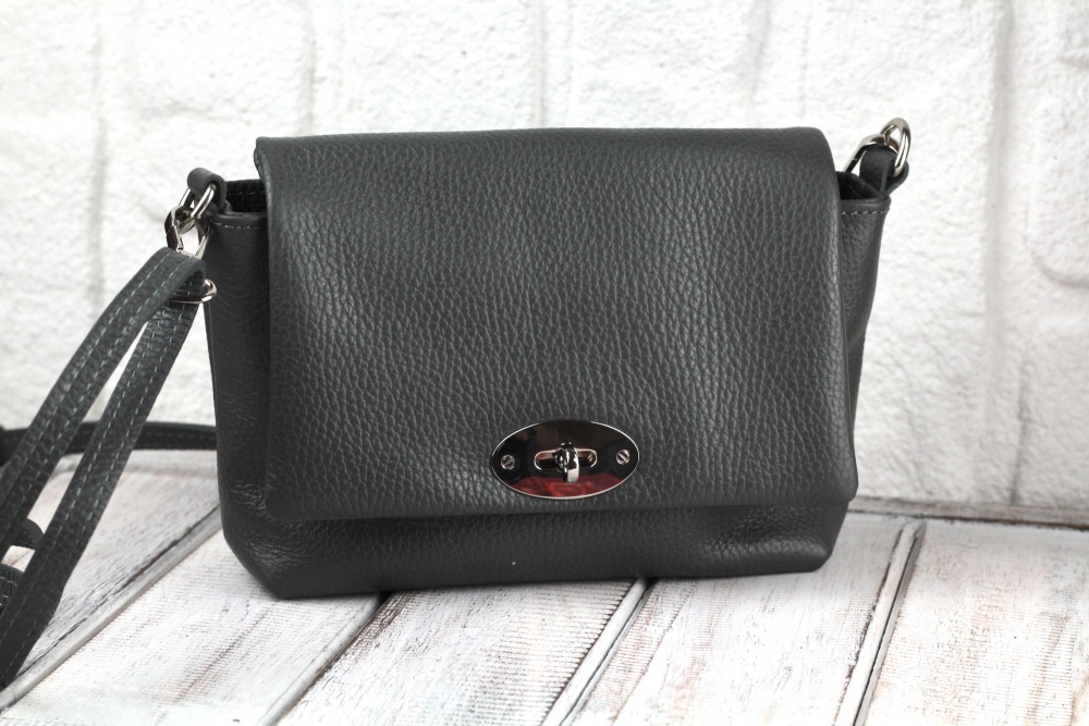 Grey Twist Lock Flap Crossbody Bag in Italian Leather