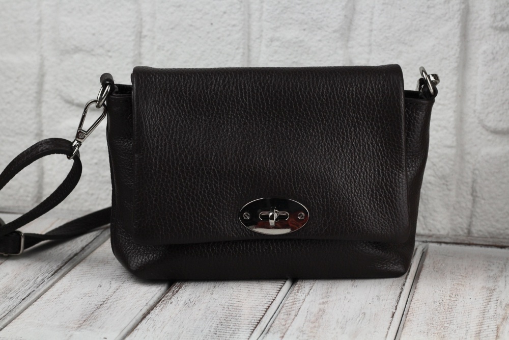 Brown Twist Lock Flap Crossbody Bag in Italian Leather