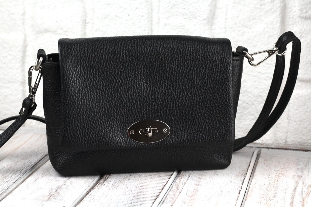 Black Twist Lock Flap Crossbody Bag in Italian Leather