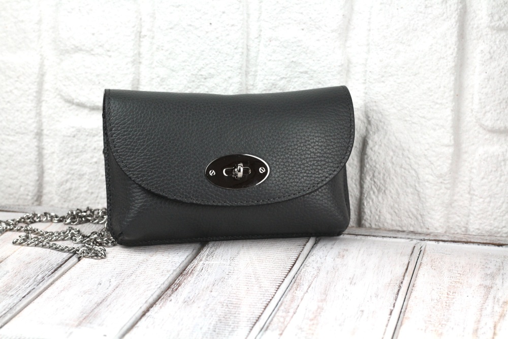 Grey Twist Lock Mini Crossbody Bag in Italian Leather
