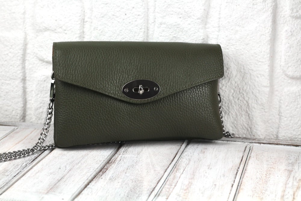 Olive Twist Lock Envelope Crossbody Bag in Italian Leather