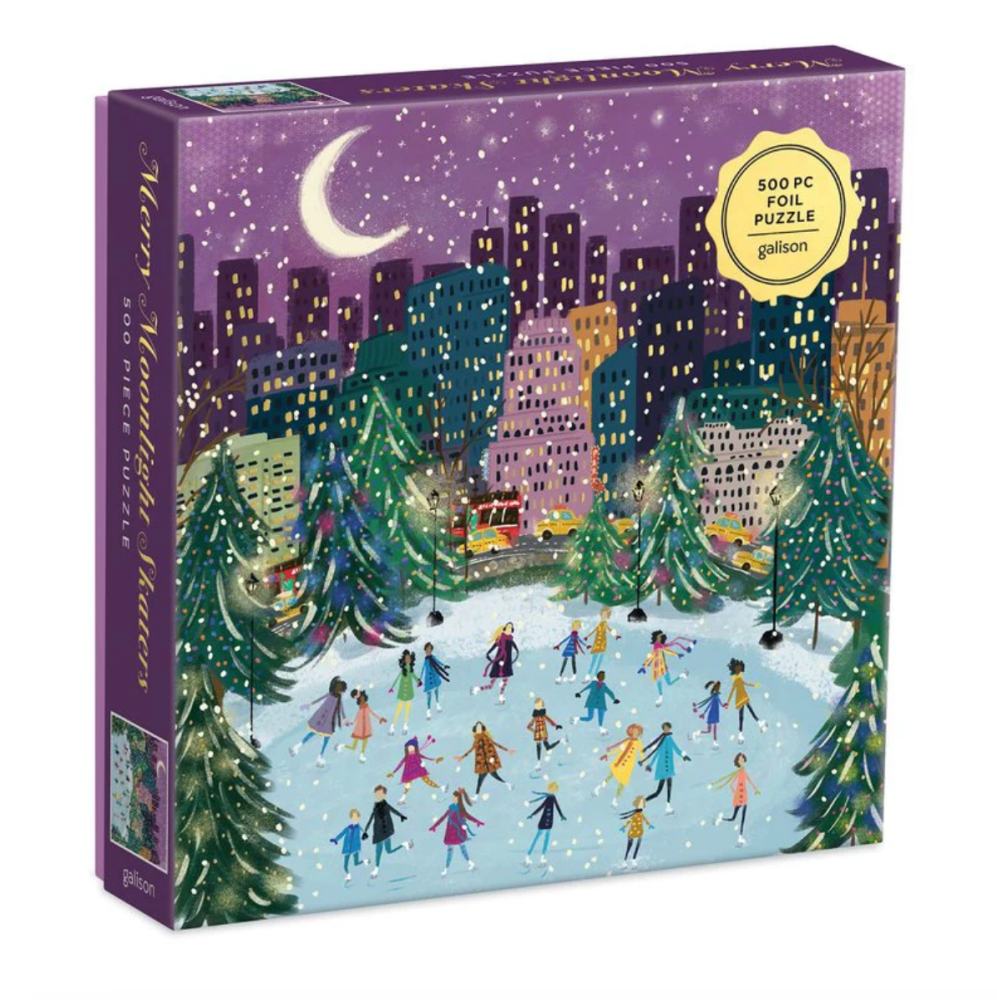 Galison Merry Moonlight Skaters Snowglobe 500 Piece Foil Jigsaw