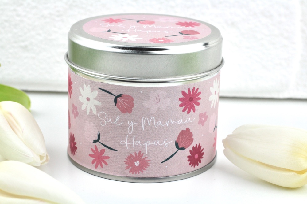 Cannwyll Sul y Mamau Darluniad Blodeuog | Sul y Mamau Bold Flower Tin Candle