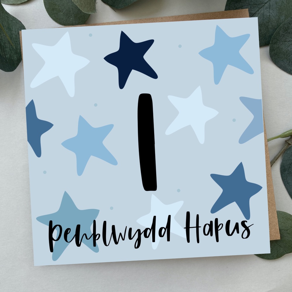 Cerdyn Penblwydd Hapus 1 Serennog | Welsh Happy Birthday 1 Card Blue Bold Stars