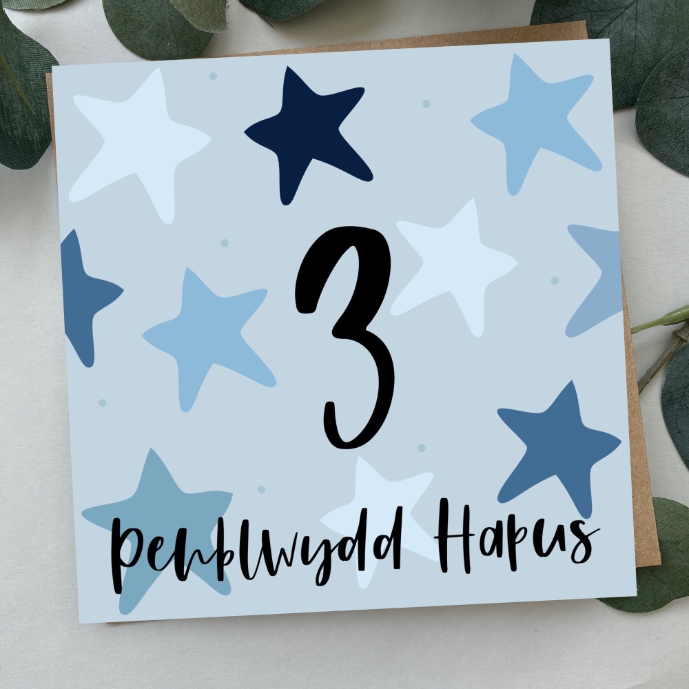 Cerdyn Penblwydd Hapus 3 Serennog | Welsh Happy Birthday 3 Card Blue Bold Stars