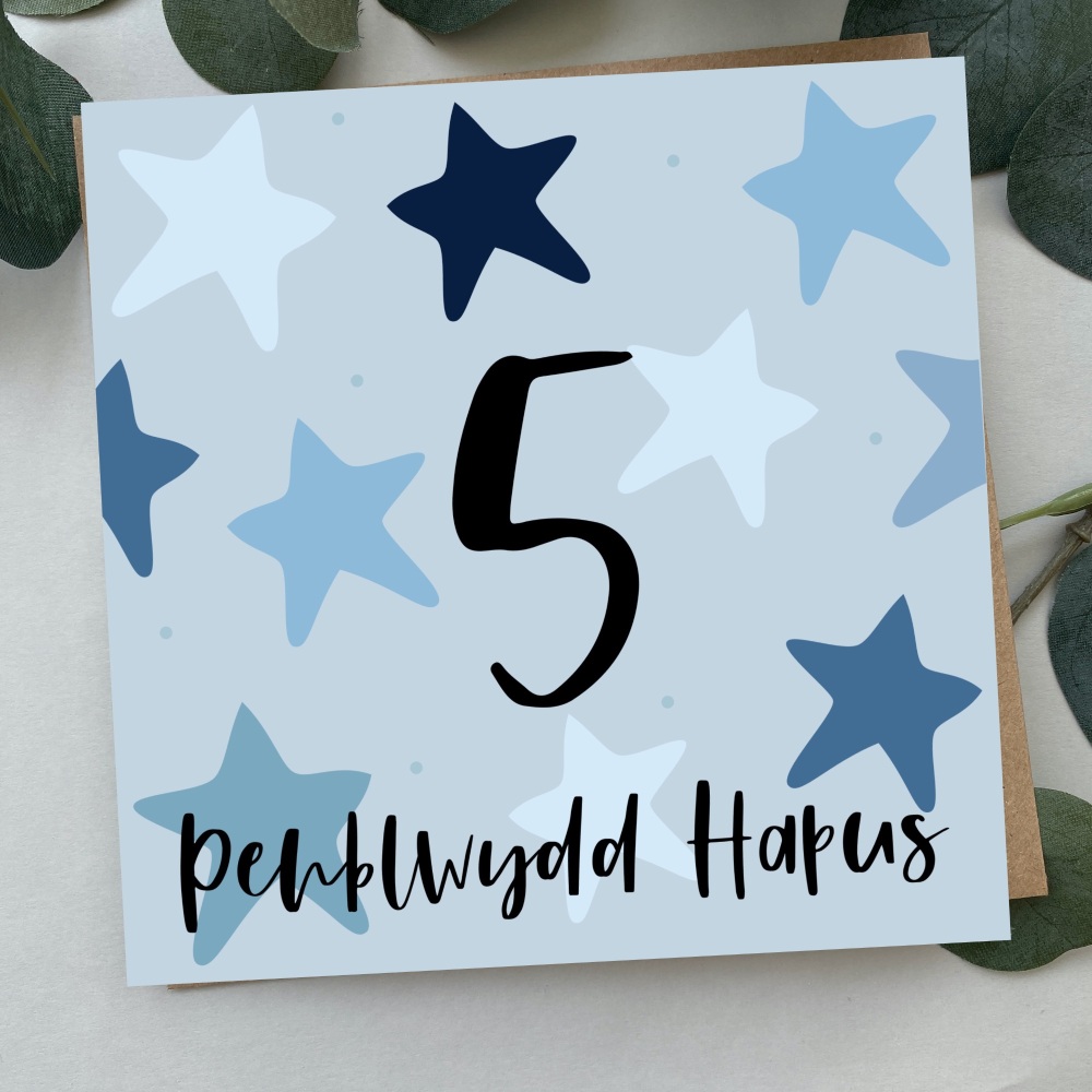Cerdyn Penblwydd Hapus 5 Serennog | Welsh Happy Birthday 5 Card Blue Bold Stars
