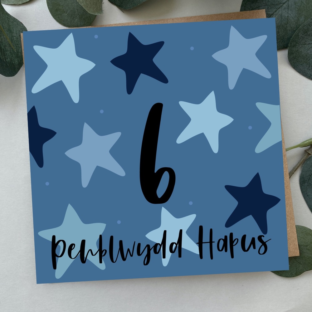 Cerdyn Penblwydd Hapus 6 Serennog | Welsh Happy Birthday 6 Card Blue Bold Stars