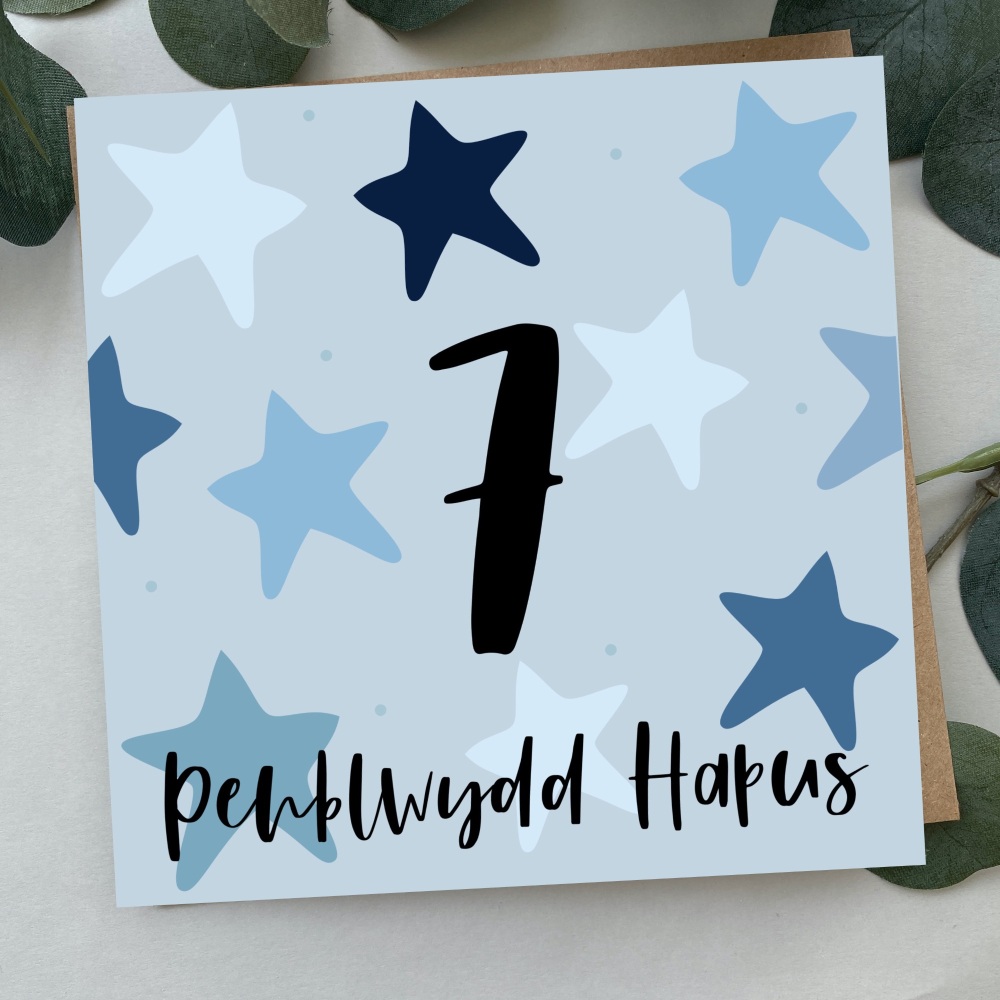 Cerdyn Penblwydd Hapus 7 Serennog | Welsh Happy Birthday 7 Card Blue Bold Stars