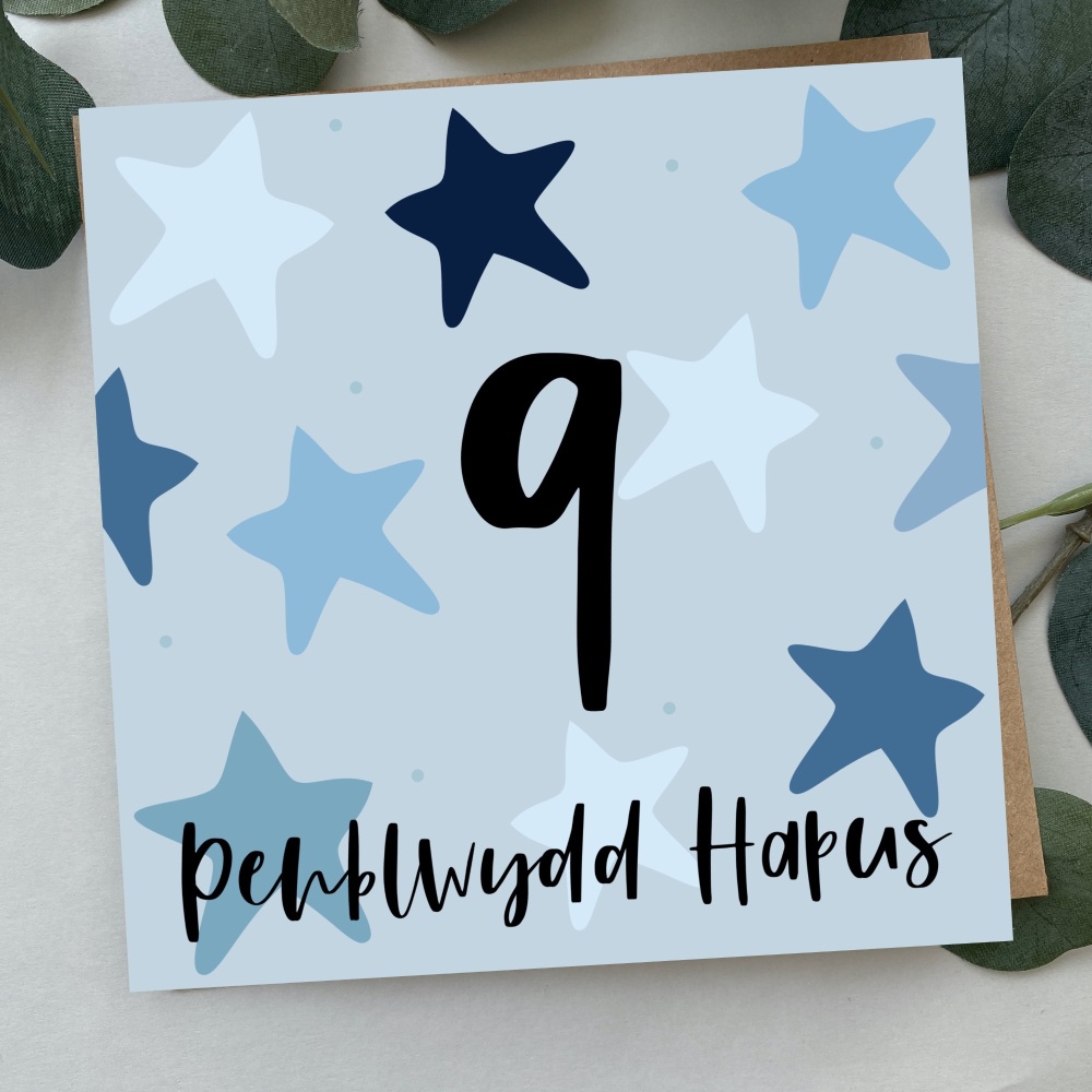 Cerdyn Penblwydd Hapus 9 Serennog | Welsh Happy Birthday 9 Card Blue Bold Stars
