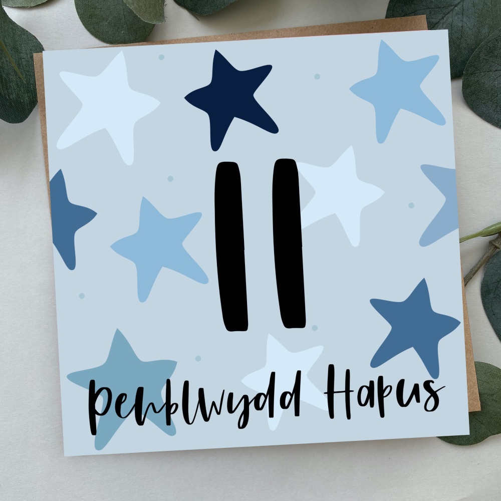 Cerdyn Penblwydd Hapus 11 Serennog | Welsh Happy Birthday 11 Card Blue Bold Stars