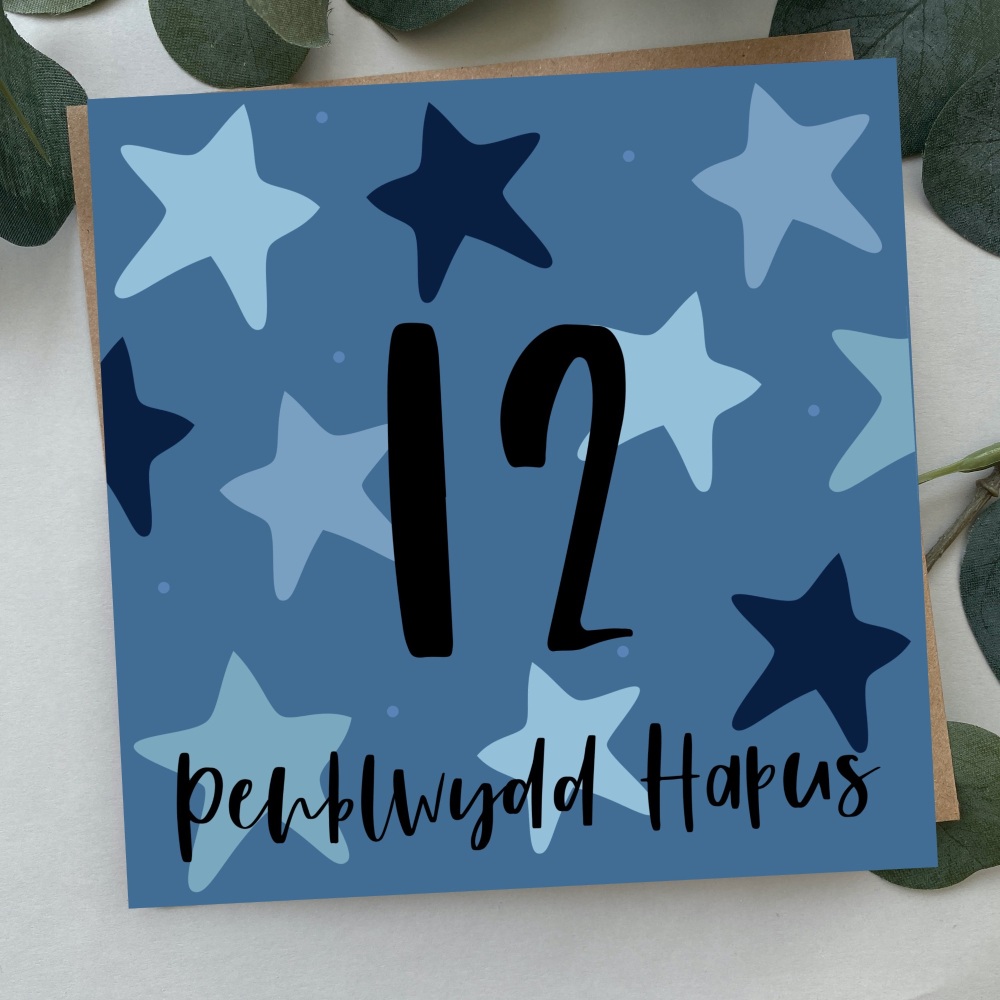 Cerdyn Penblwydd Hapus 12 Serennog | Welsh Happy Birthday 12 Card Blue Bold Stars