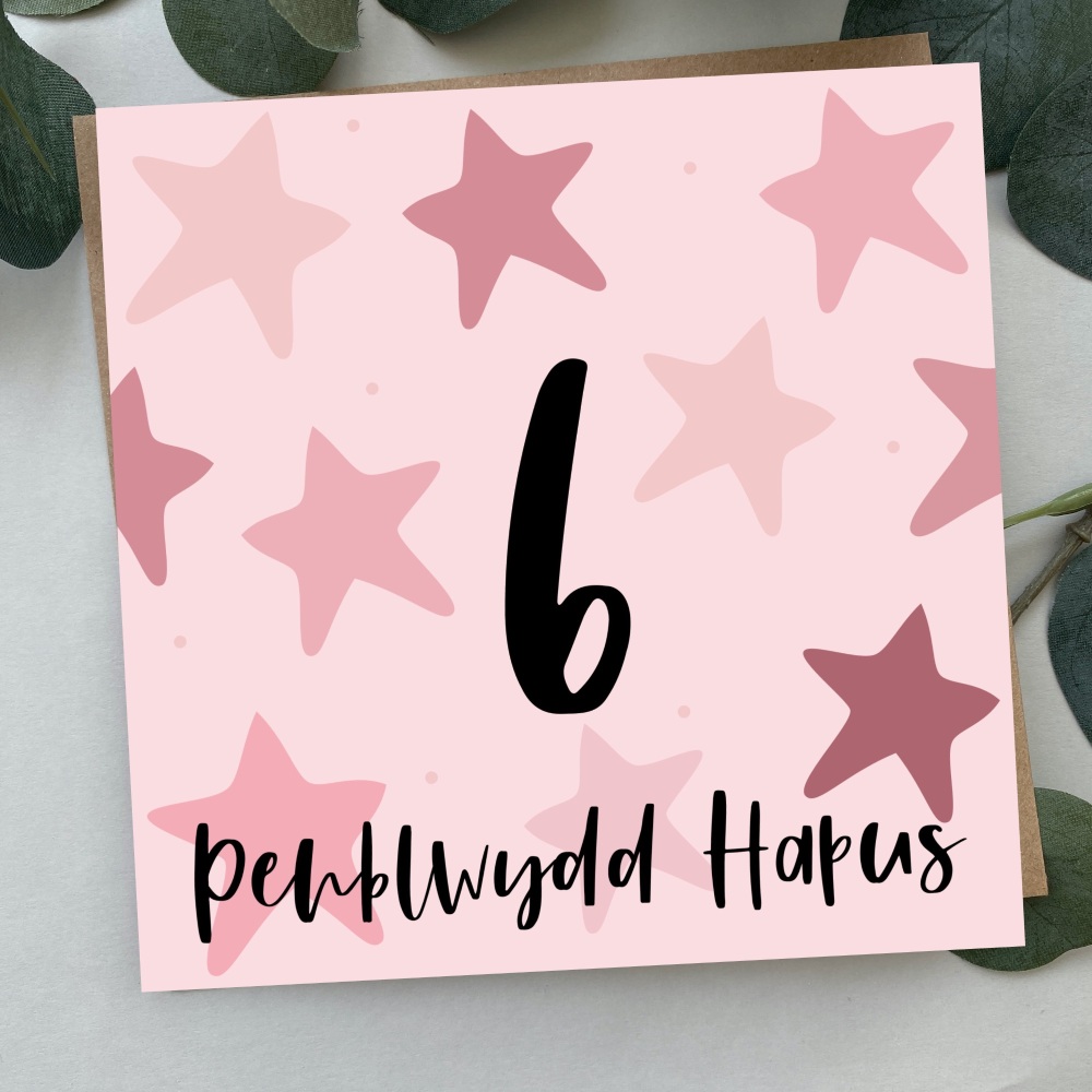 Cerdyn Penblwydd Hapus 6 Serennog | Welsh Happy Birthday 6 Card Blue Bold Stars
