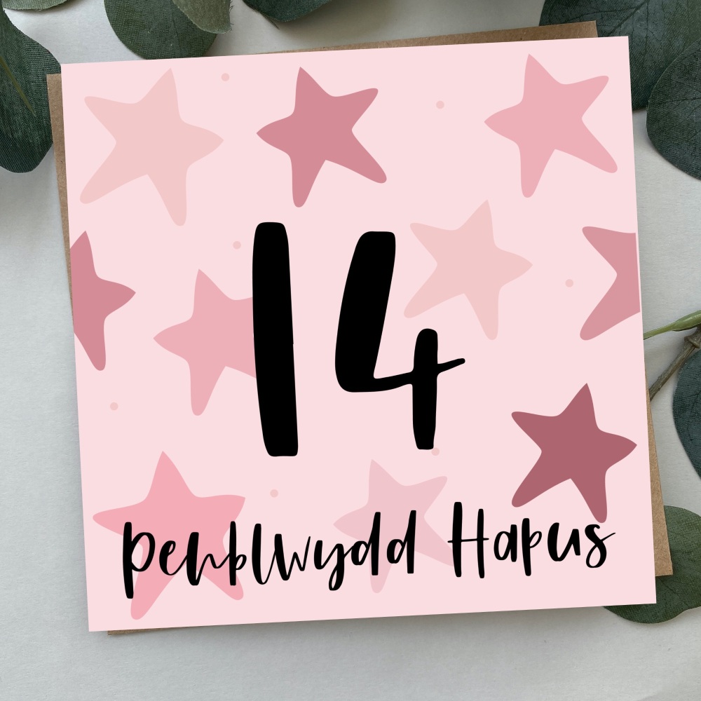 Cerdyn Penblwydd Hapus 14 Serennog | Welsh Happy Birthday 14 Card Pink Bold Stars