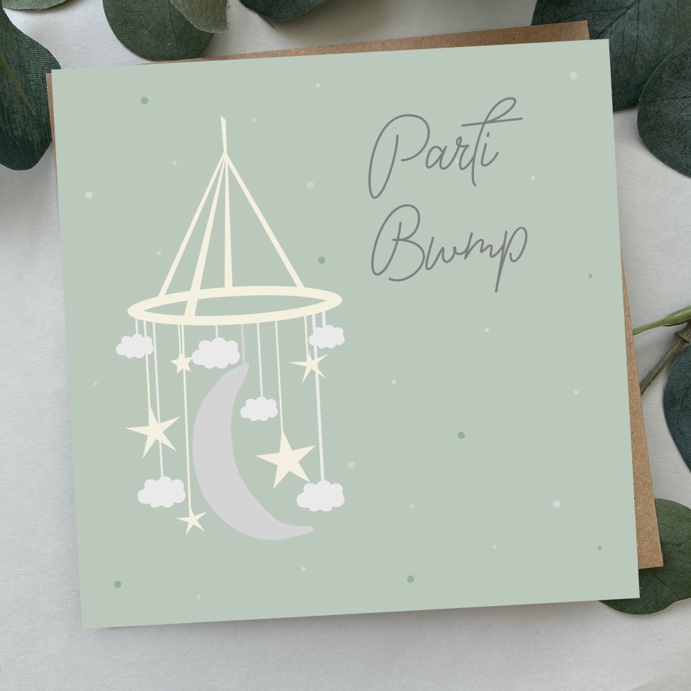 Cerdyn Parti Bwmp Mobile | Welsh Baby Shower Baby Mobile Card