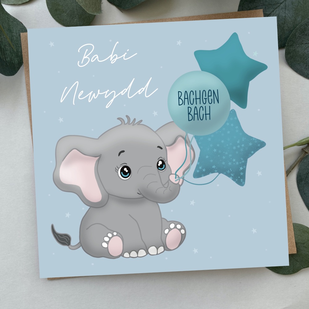 Cerdyn Babi newydd Bachgen Bach Eliffant | Welsh New Baby Son Elephant Card