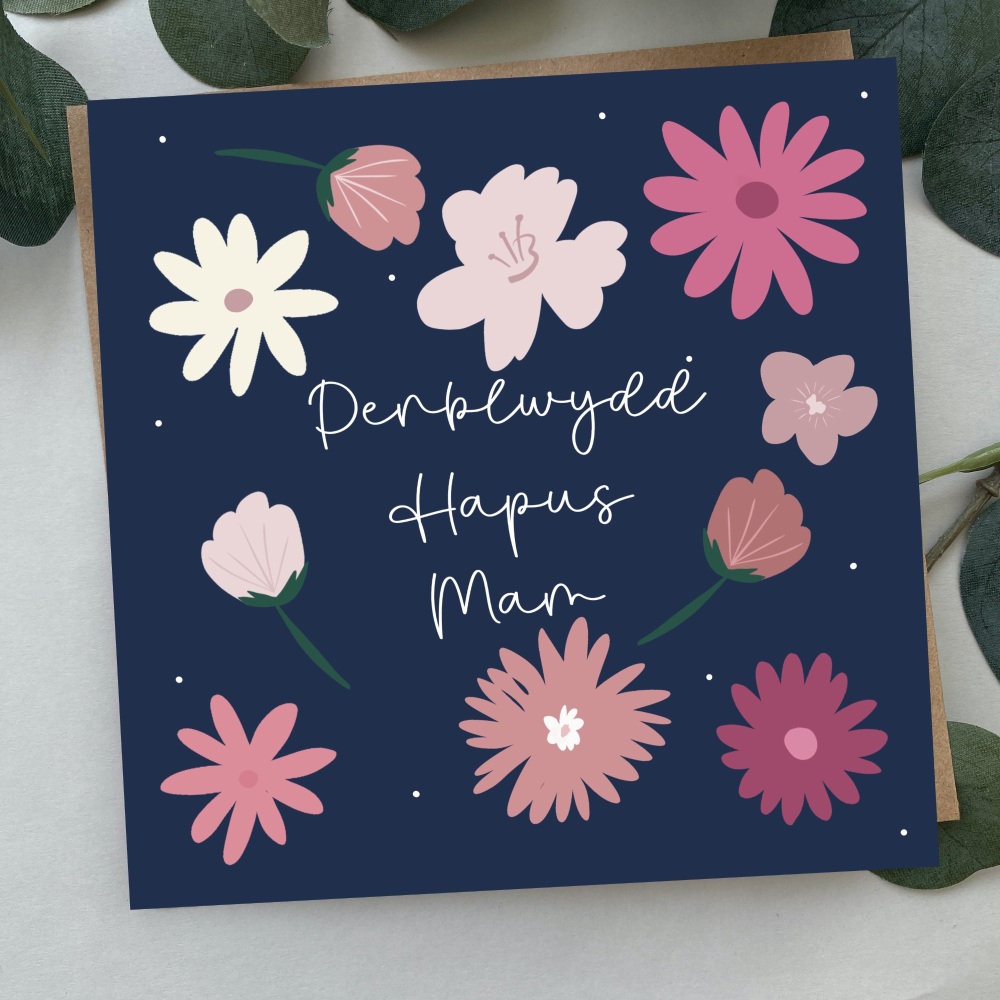 Cerdyn Penblwydd Hapus Mam Blodeuog | Welsh Happy Birthday Mum Bold Flowers Card