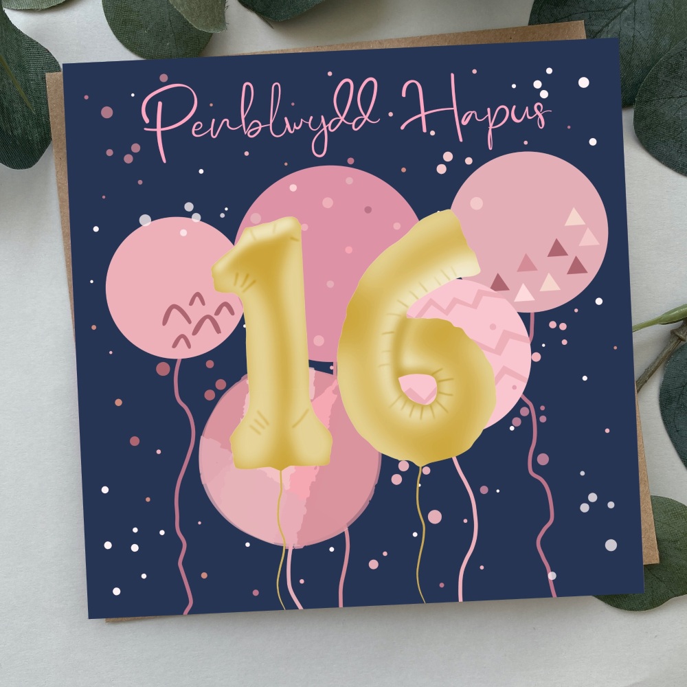 Cerdyn Penblwydd Hapus 16 BalÅµns | Welsh Happy Birthday 16 Card Balloons