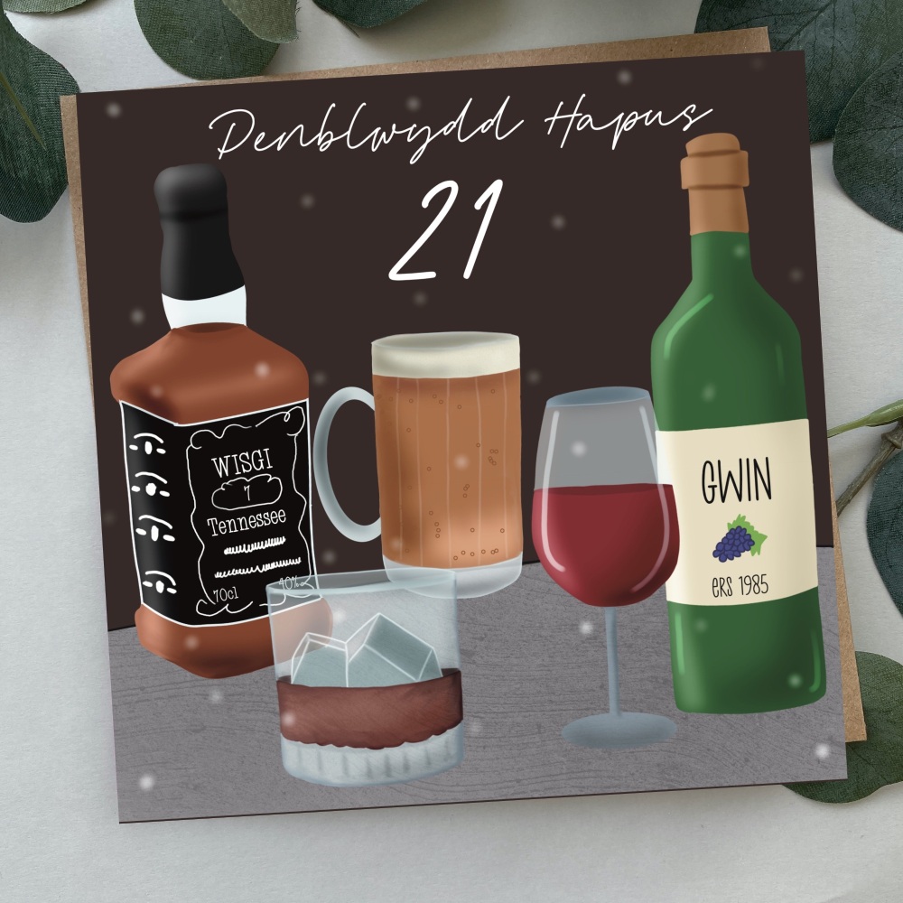 Cerdyn Penblwydd Hapus 21 Diodydd | Welsh Happy Birthday 21 Card Drinks