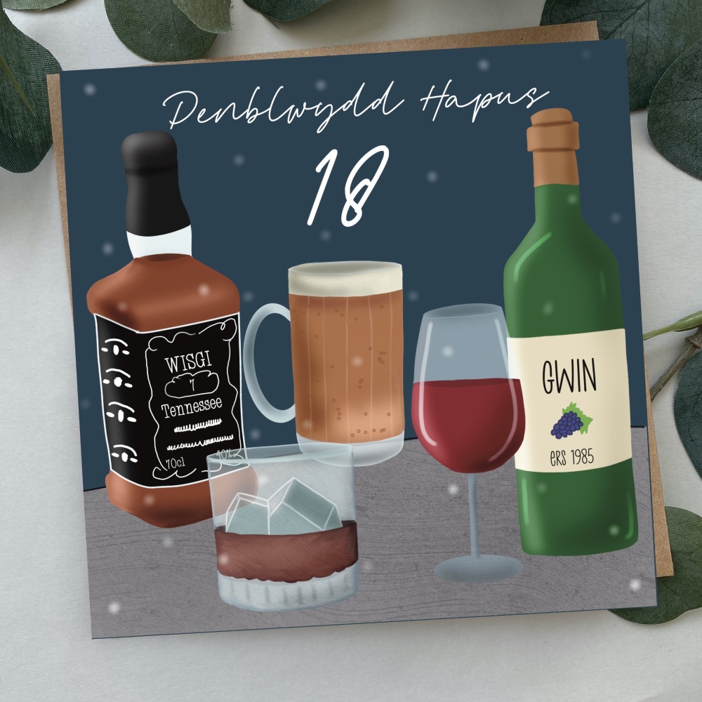 Cerdyn Penblwydd Hapus 18 Diodydd | Welsh Happy Birthday 18 Card Drinks