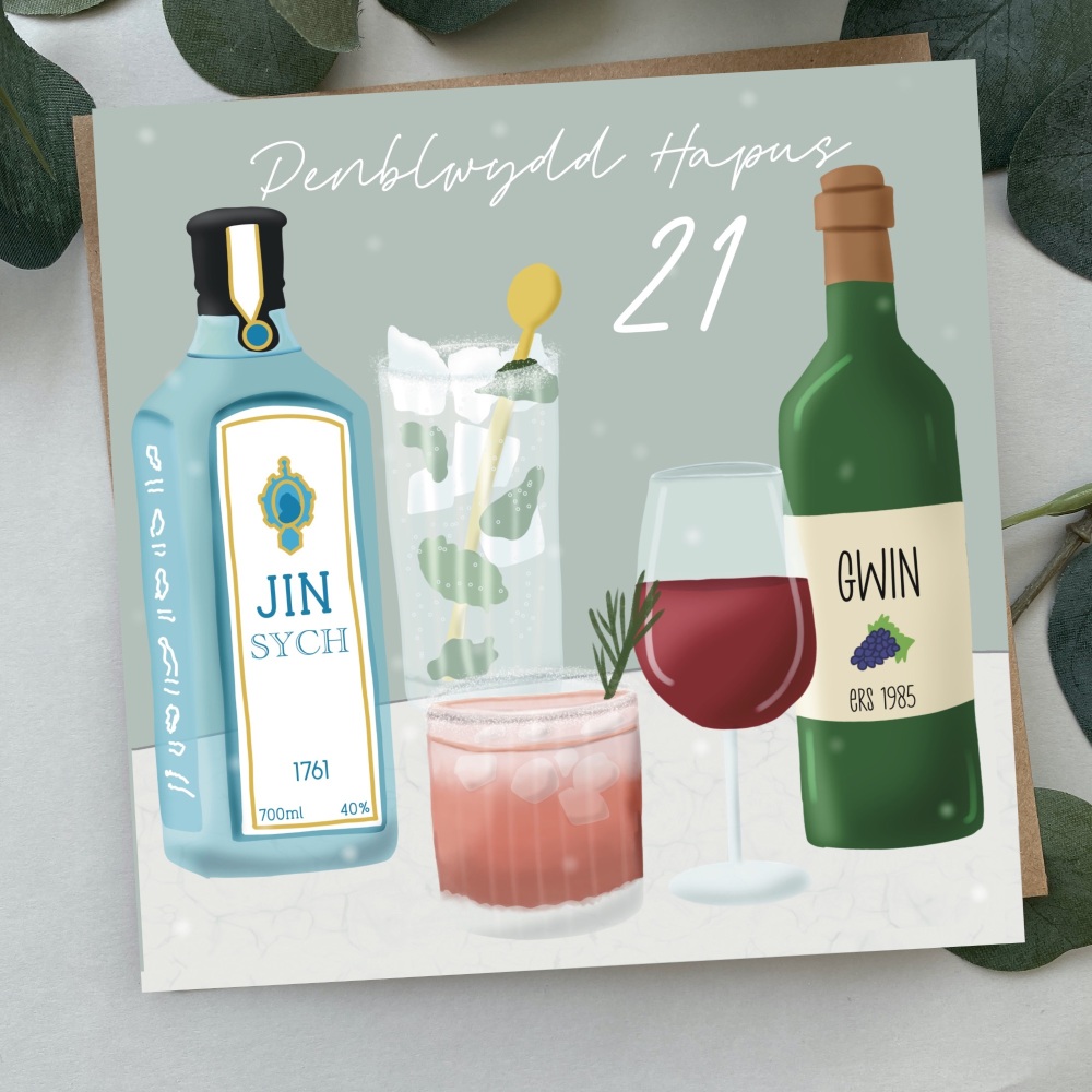 Cerdyn Penblwydd Hapus 21 Diodydd | Welsh Happy Birthday 21 Card Drinks