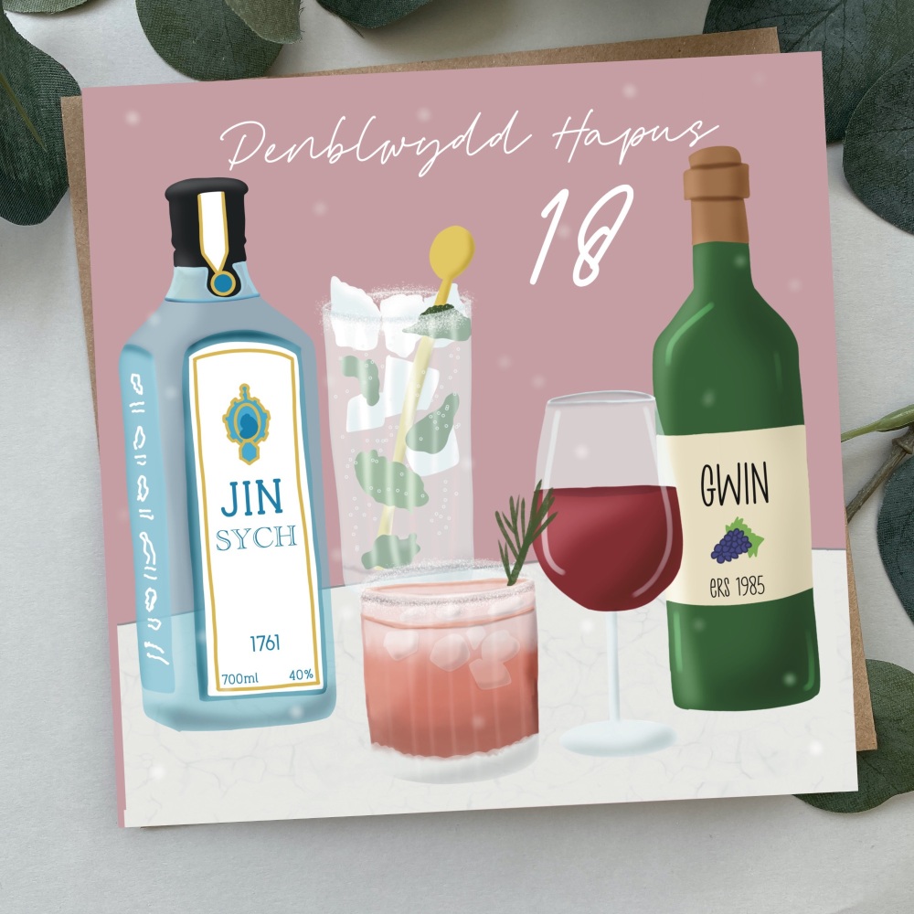 Cerdyn Penblwydd Hapus 18 Diodydd | Welsh Happy Birthday 18 Card Drinks