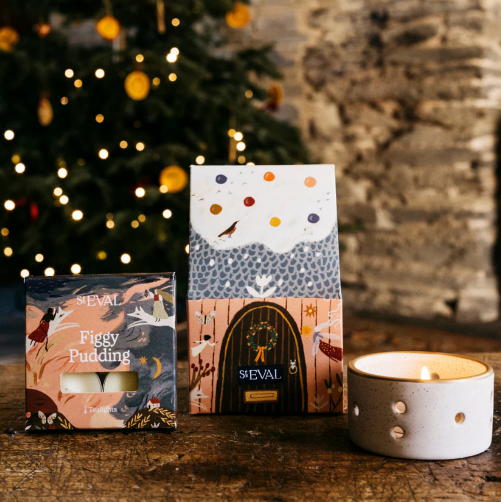 Figgy Pudding Christmas Cottage with Tea light Candles and Tea light Holder | St Eval