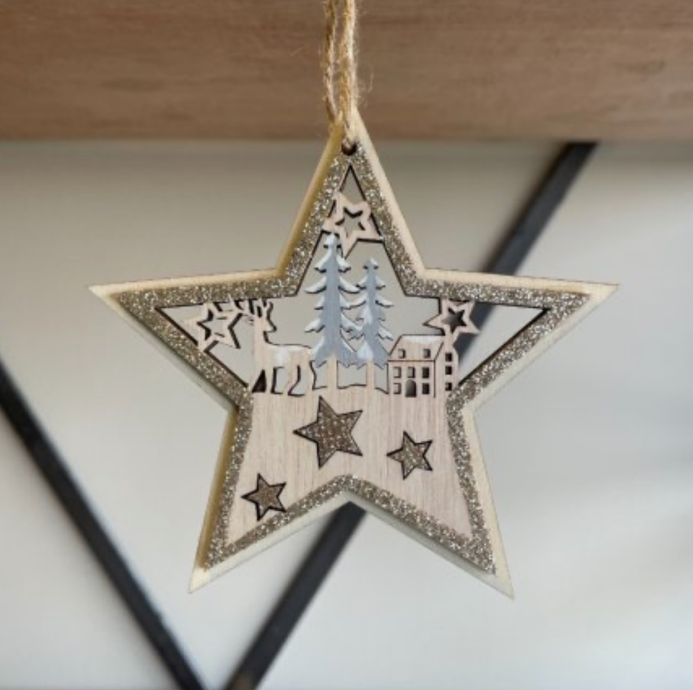 Glittery Wooden Christmas Deer Scene Star Hanging Decoration