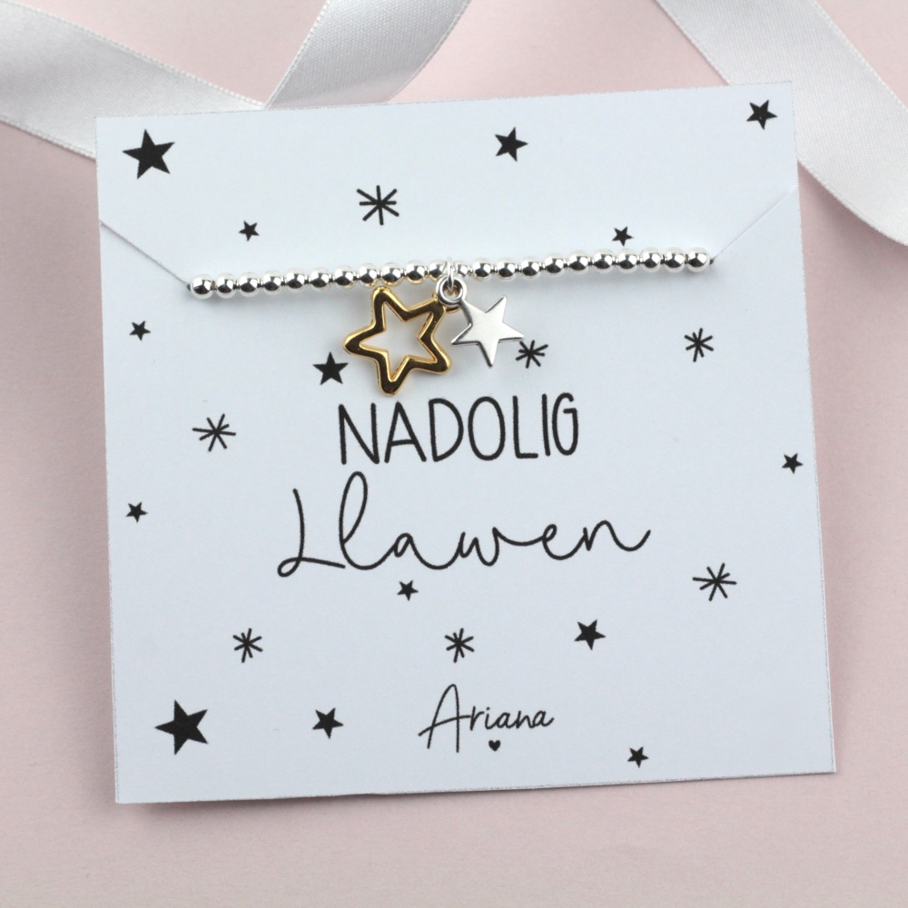Breichled Nadolig Llawen Seren Dwbl | Welsh Merry Christmas Double Star Bracelet | Ariana Jewellery