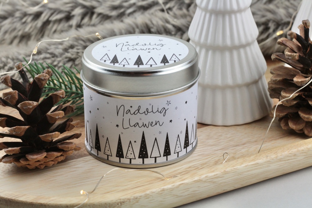 Cannwyll Nadolig Llawen Coed Nadolig | Welsh Merry Christmas Christmas Trees Tin Candle