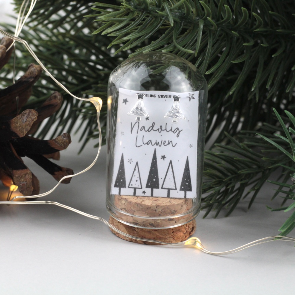 Clustlysau Nadolig Llawen Cromen Gwydr | Welsh Merry Christmas Glass Dome Earrings | Sterling Silver 925 | Various Choice