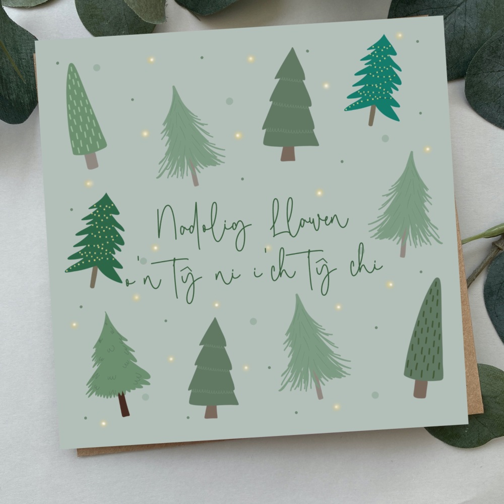 Cerdyn Nadolig Llawen o'n tÅ· ni i'ch tÅ· chi | Welsh Merry Christmas from our house to yours Card | Bold Trees Design