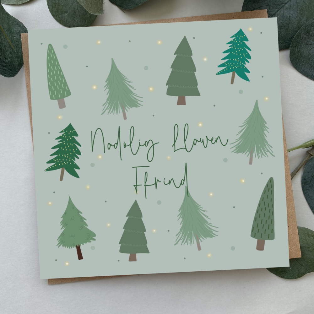 Cerdyn Nadolig Llawen Ffrind | Welsh Merry Christmas Friend Card | Bold Trees Design