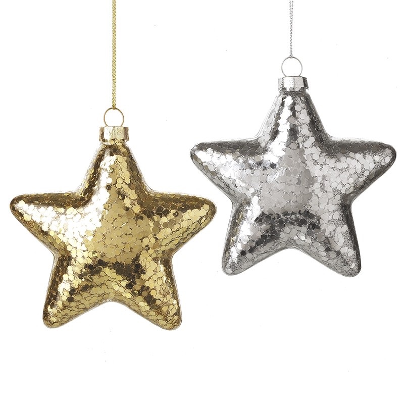 Glass Glittery Star bauble in Silver or Gold