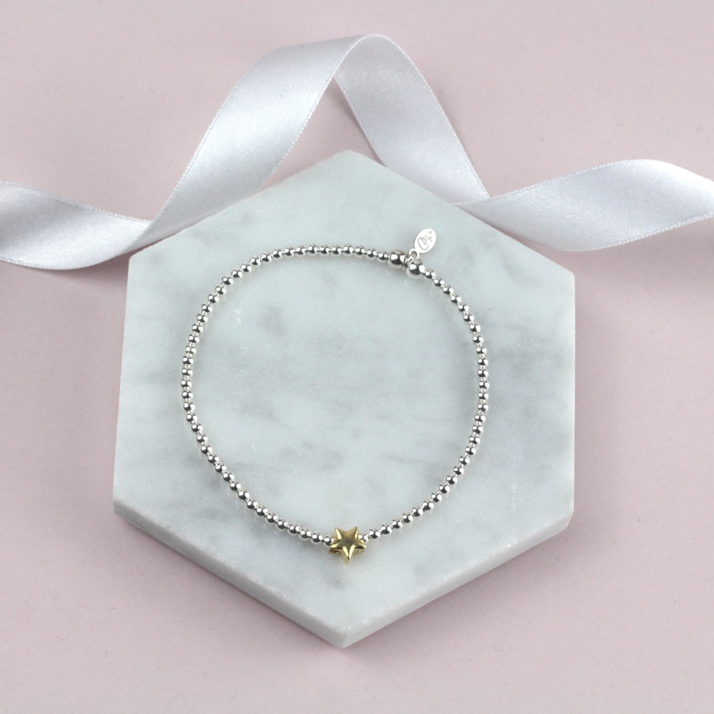 Mini Ball Bracelet Gold Star Bead | Sterling Silver 925 Stretch Bracelet | CeFfi Jewellery