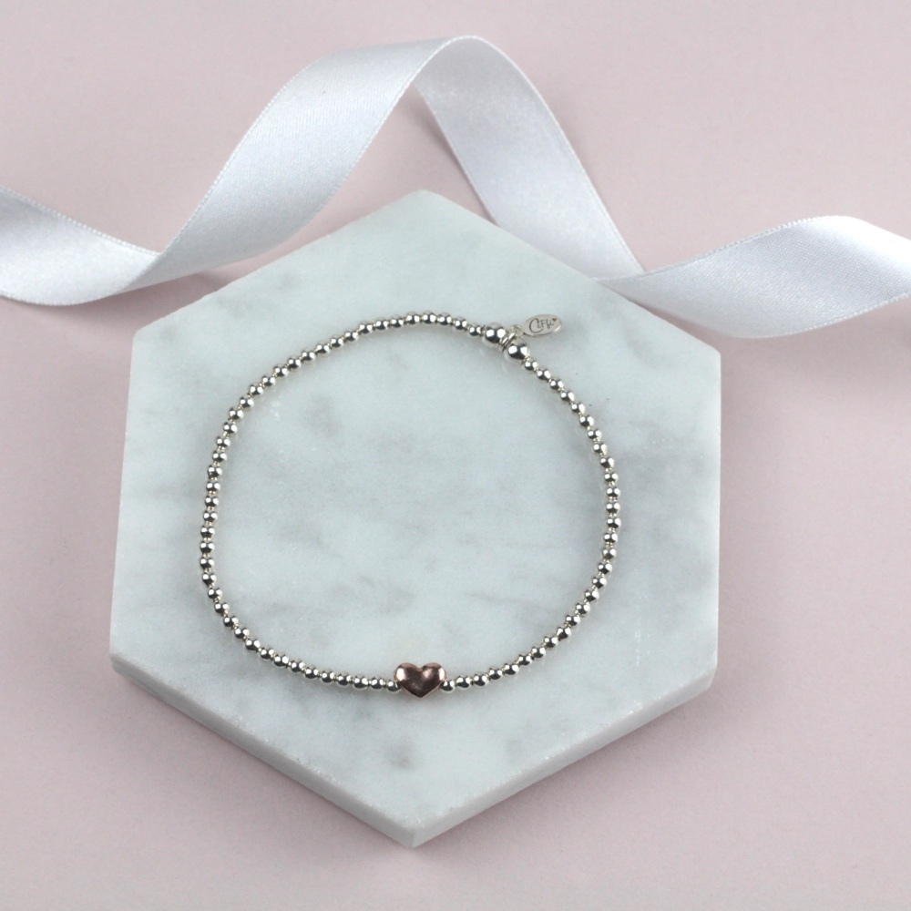 Mini Ball Bracelet Rose Gold Heart Bead | Sterling Silver 925 Stretch Bracelet | CeFfi Jewellery