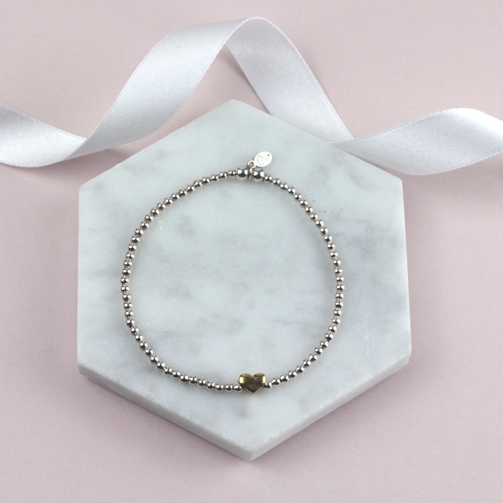 Mini Ball Bracelet Gold Heart Bead | Sterling Silver 925 Stretch Bracelet | CeFfi Jewellery