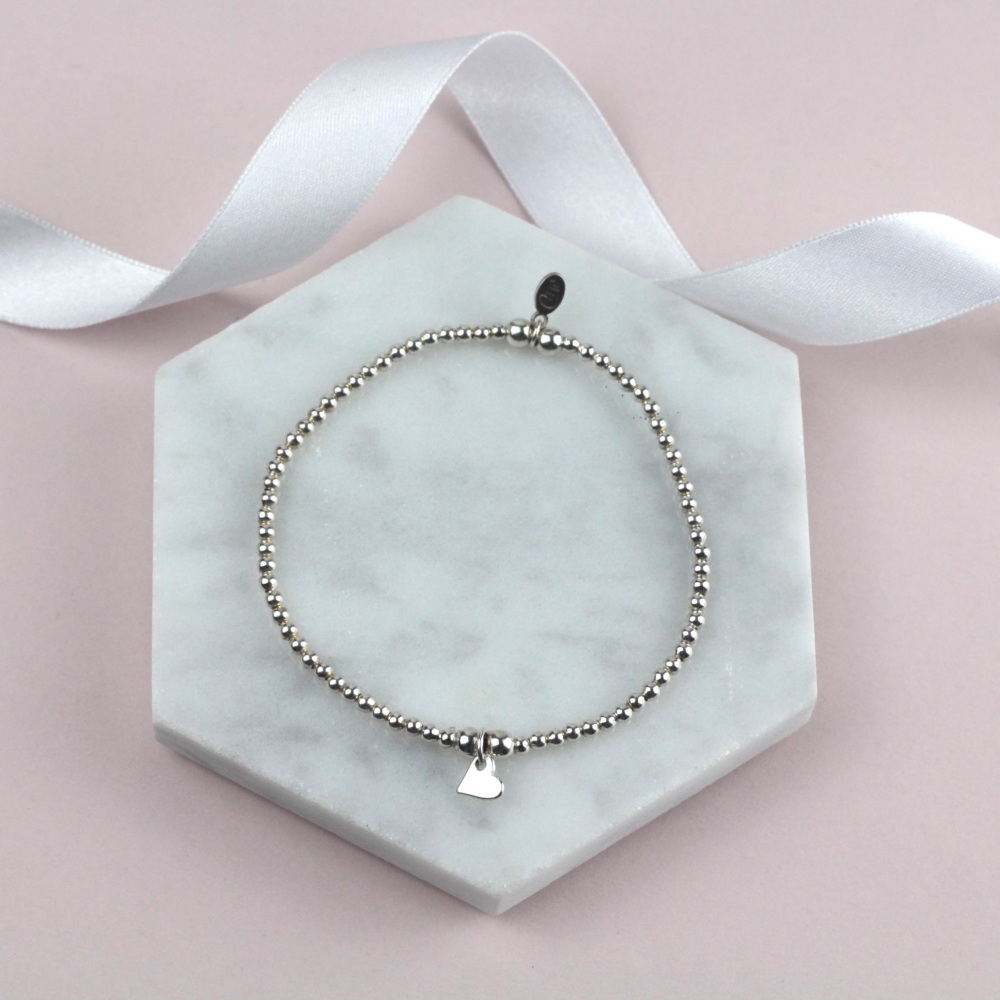 Mini Ball Bracelet Silver Heart Charm | Sterling Silver 925 Stretch Bracelet | CeFfi Jewellery