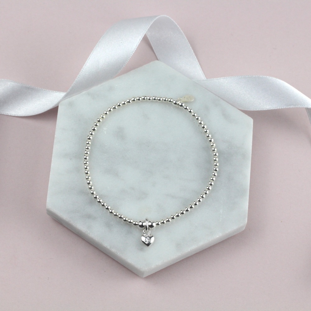 Mini Ball Bracelet Silver CZ Heart | Sterling Silver 925 Stretch Bracelet | CeFfi Jewellery