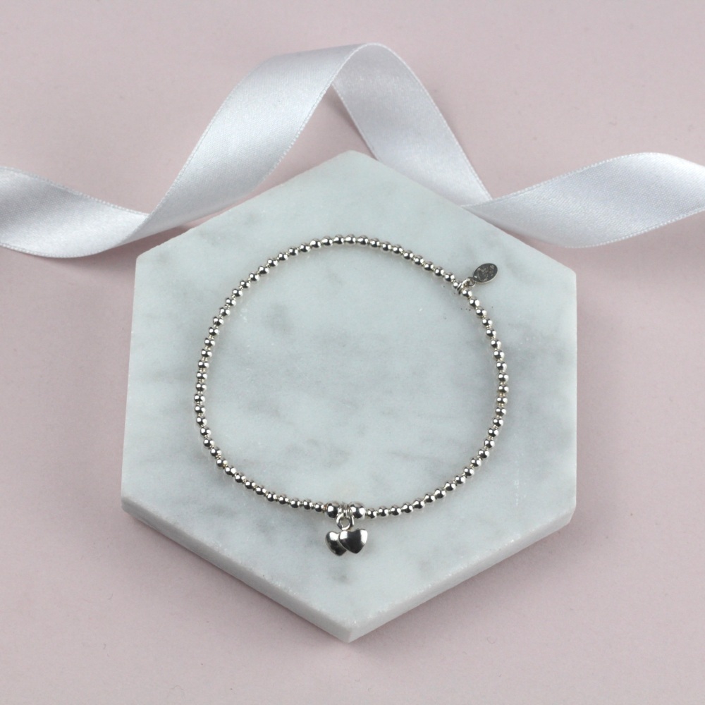 Mini Ball Bracelet Silver Double Heart | Sterling Silver 925 Stretch Bracelet | CeFfi Jewellery