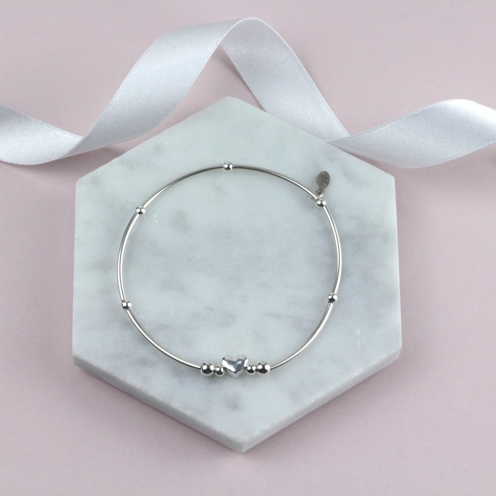 Mini Noodle Bracelet Silver Heart Bead | Sterling Silver 925 Stretch Bracelet | CeFfi Jewellery