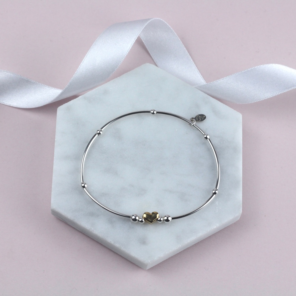 Mini Noodle Bracelet Gold Heart Bead | Sterling Silver 925 Stretch Bracelet | CeFfi Jewellery