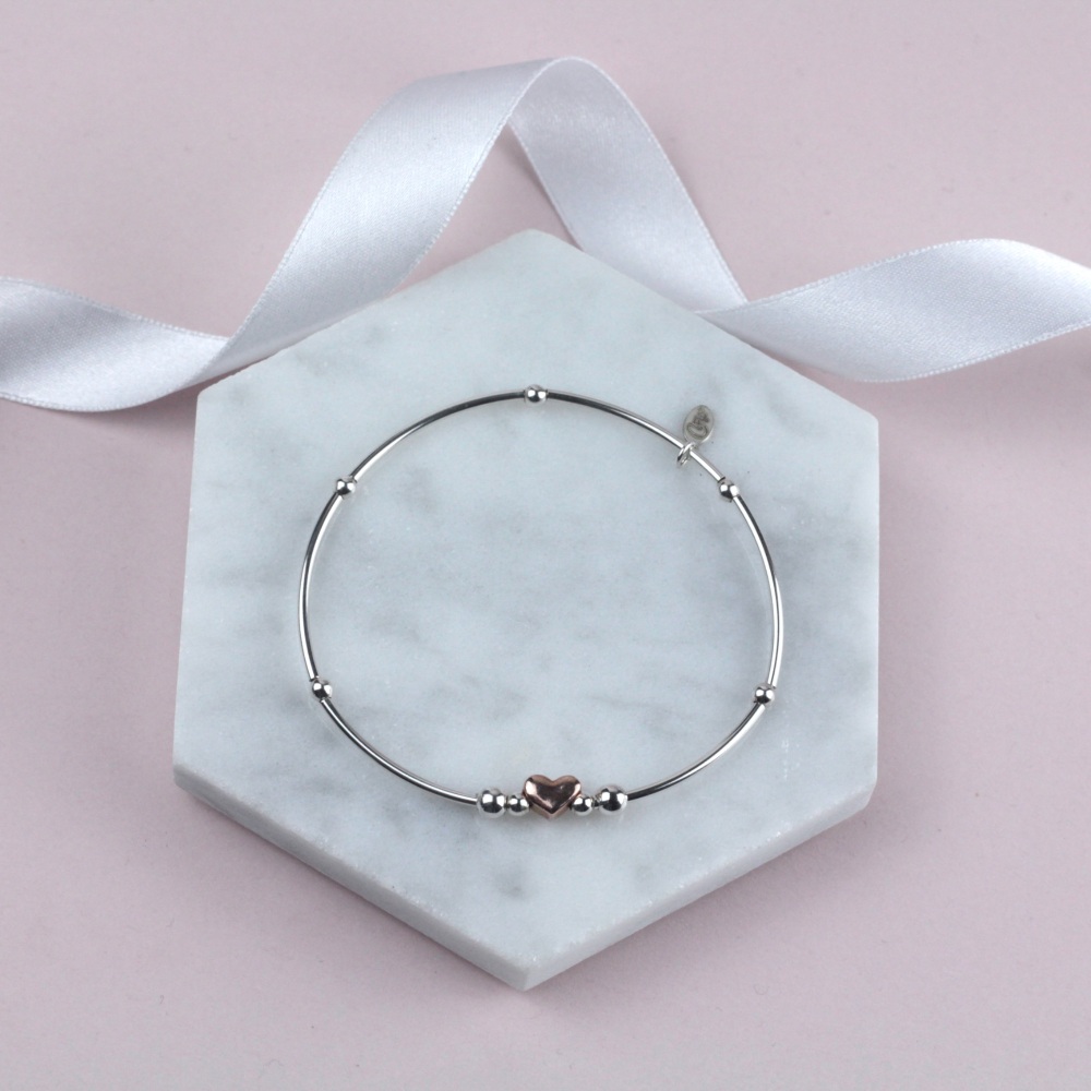 Mini Noodle Bracelet Rose Gold Heart Bead | Sterling Silver 925 Stretch Bracelet | CeFfi Jewellery